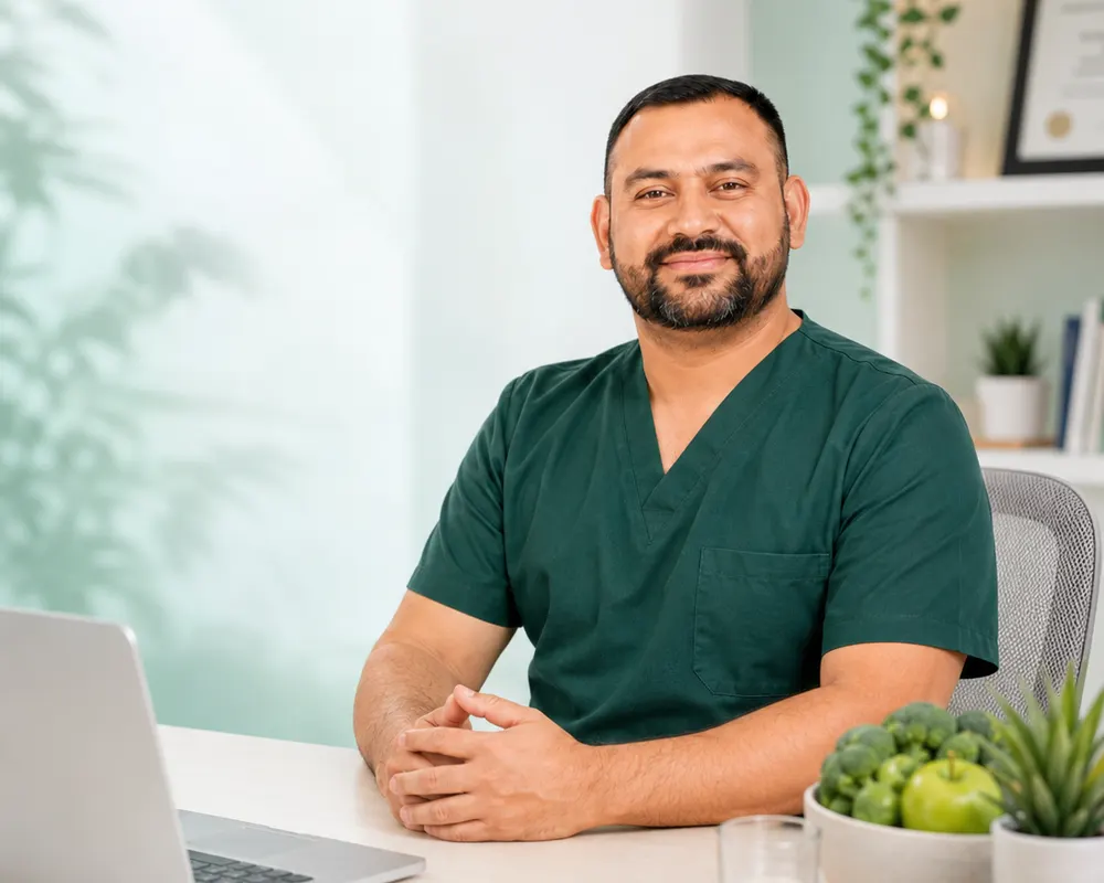 Dr. Milton Reyes en su escritorio de consulta, junto a frutas y verduras
