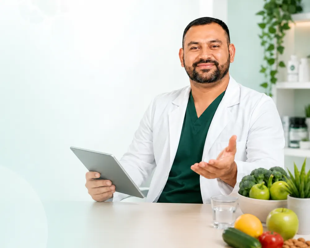 Dr. Milton Reyes con una tablet en la mano, explicando un plan nutricional