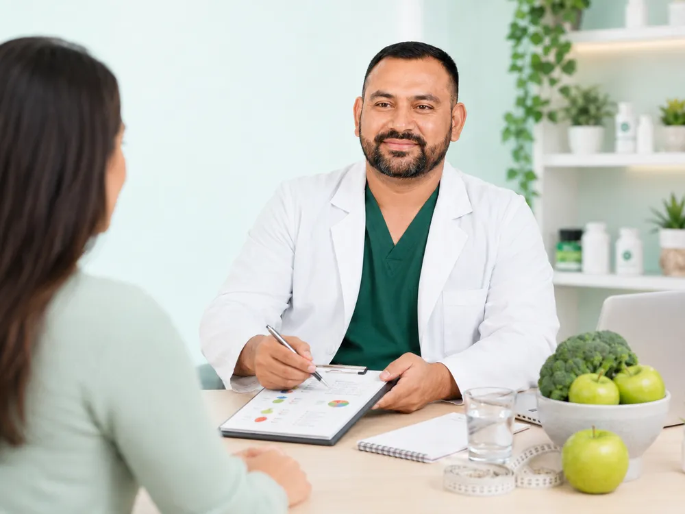 Dr. Milton Reyes en consulta nutricional con una paciente