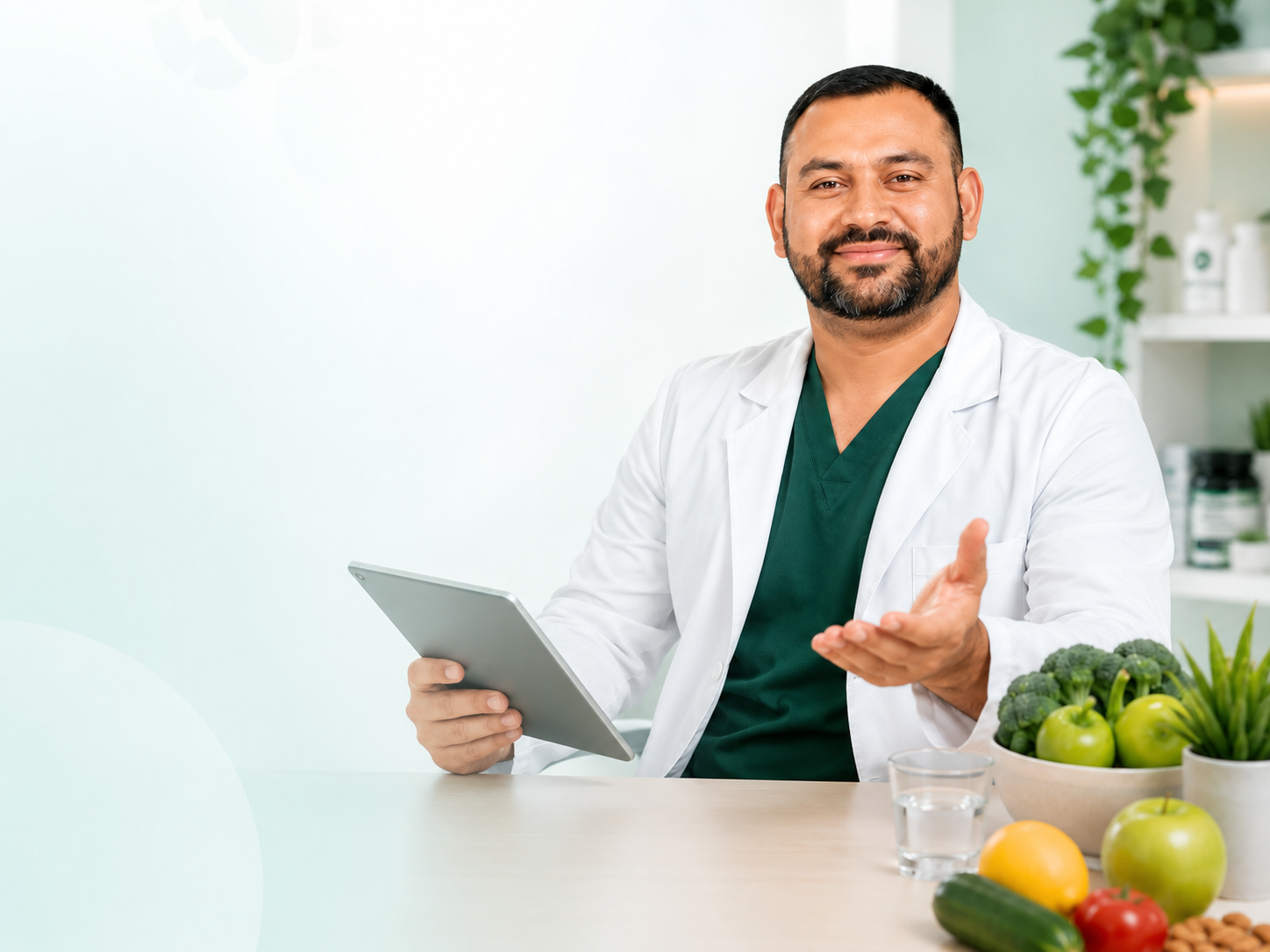 Dr. Milton revisando un plan nutricional en tablet